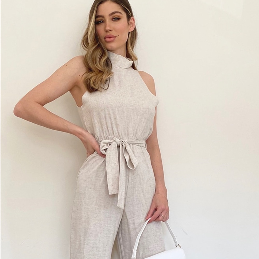Woven High Neck Tie Waist Jumpsuit